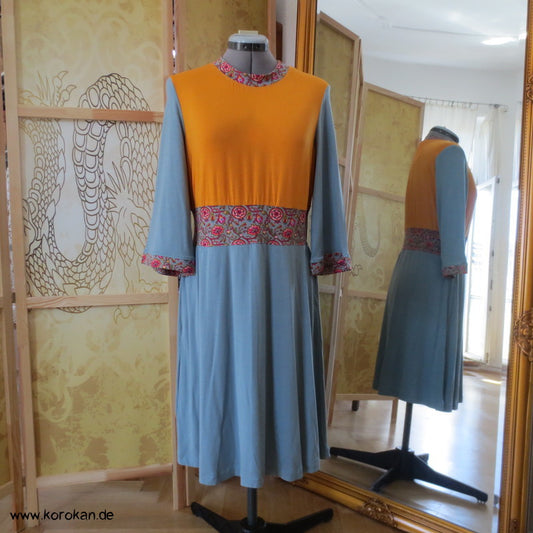 Kombistoffe Jerseykleid, orange, petrol, abgesetzte Kanten