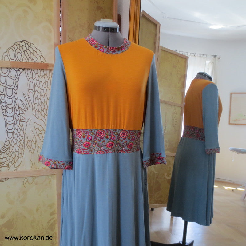 Kombistoffe Jerseykleid, orange, petrol, abgesetzte Kanten