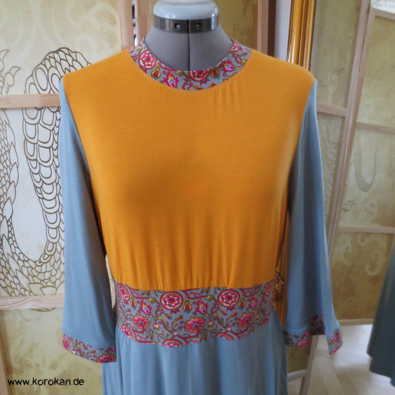 Kombistoffe Jerseykleid, orange, petrol, abgesetzte Kanten