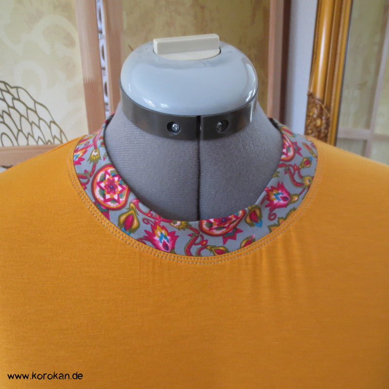 Kombistoffe Jerseykleid, orange, petrol, abgesetzte Kanten