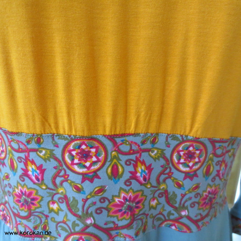 Kombistoffe Jerseykleid, orange, petrol, abgesetzte Kanten