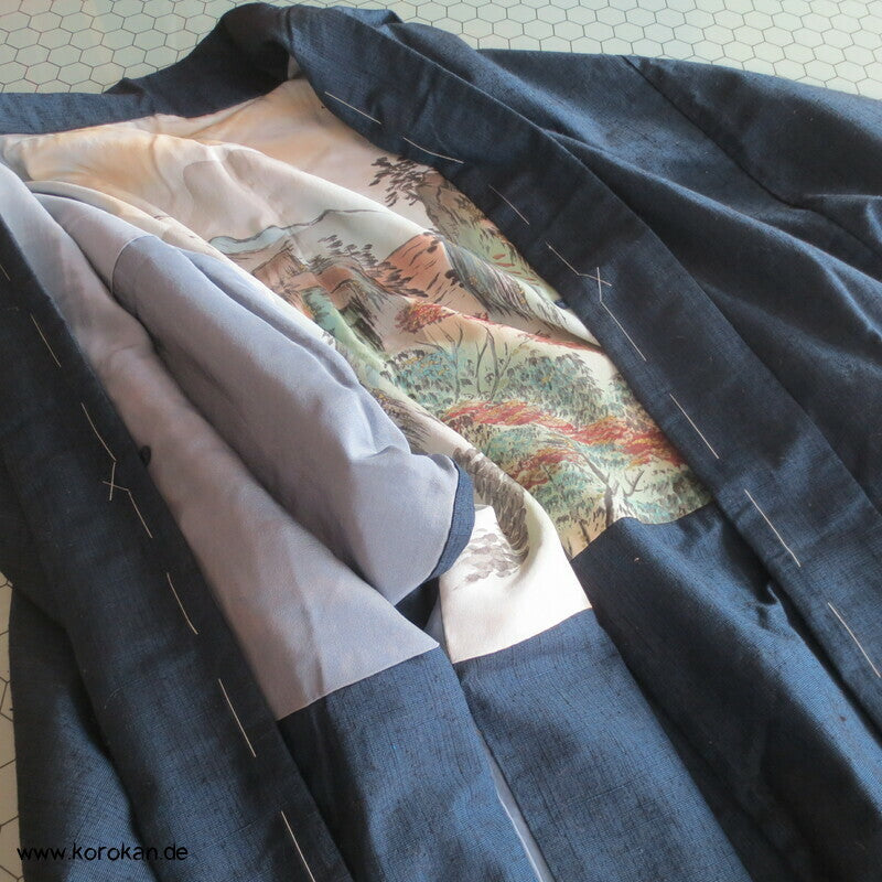 grob gewebtes Ensemble aus Kimono und Haori, blau meliert
