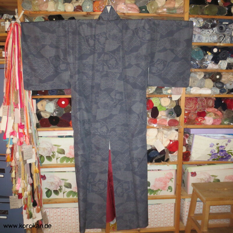 blaugraue Fächer Kasuri Tsumugi Seiden Kimono