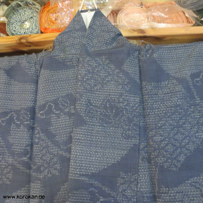 blaugraue Fächer Kasuri Tsumugi Seiden Kimono
