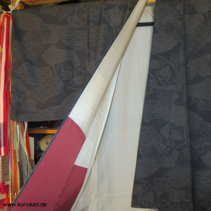 blaugraue Fächer Kasuri Tsumugi Seiden Kimono