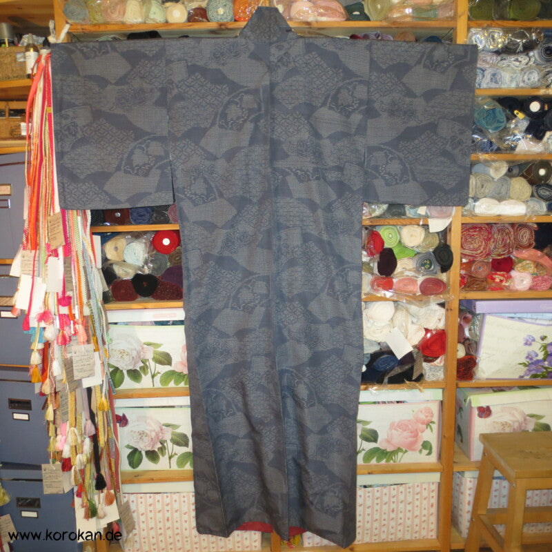 blaugraue Fächer Kasuri Tsumugi Seiden Kimono