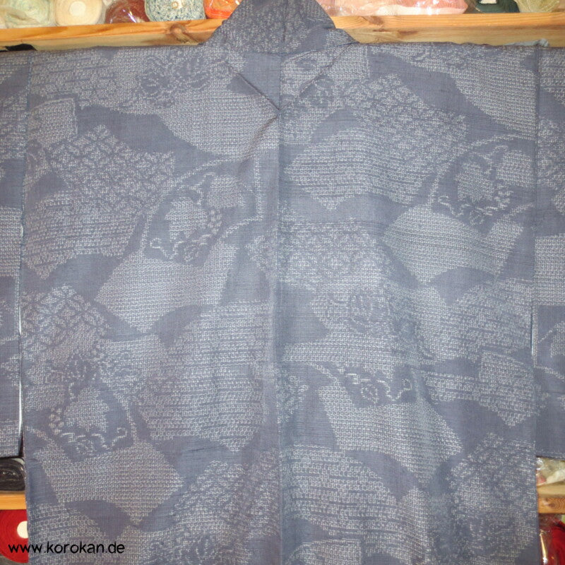 blaugraue Fächer Kasuri Tsumugi Seiden Kimono