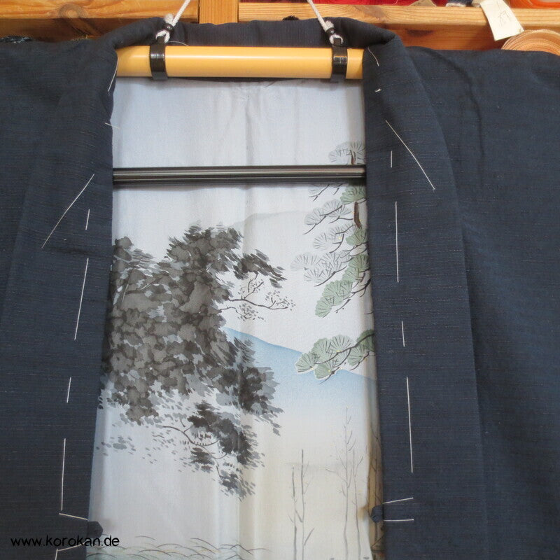 Haori Tsumugi Seide Kimono Jacke, handgemaltes Landschaftsfutter