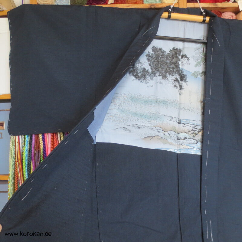 Haori Tsumugi Seide Kimono Jacke, handgemaltes Landschaftsfutter