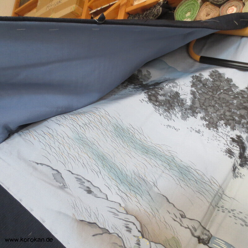 Haori Tsumugi Seide Kimono Jacke, handgemaltes Landschaftsfutter