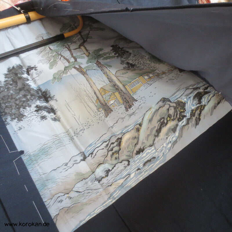 Haori Tsumugi Seide Kimono Jacke, handgemaltes Landschaftsfutter
