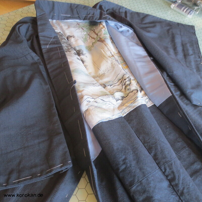 Haori Tsumugi Seide Kimono Jacke, handgemaltes Landschaftsfutter