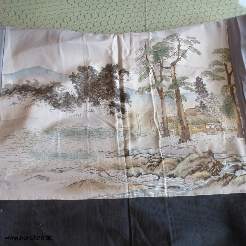 Haori Tsumugi Seide Kimono Jacke, handgemaltes Landschaftsfutter