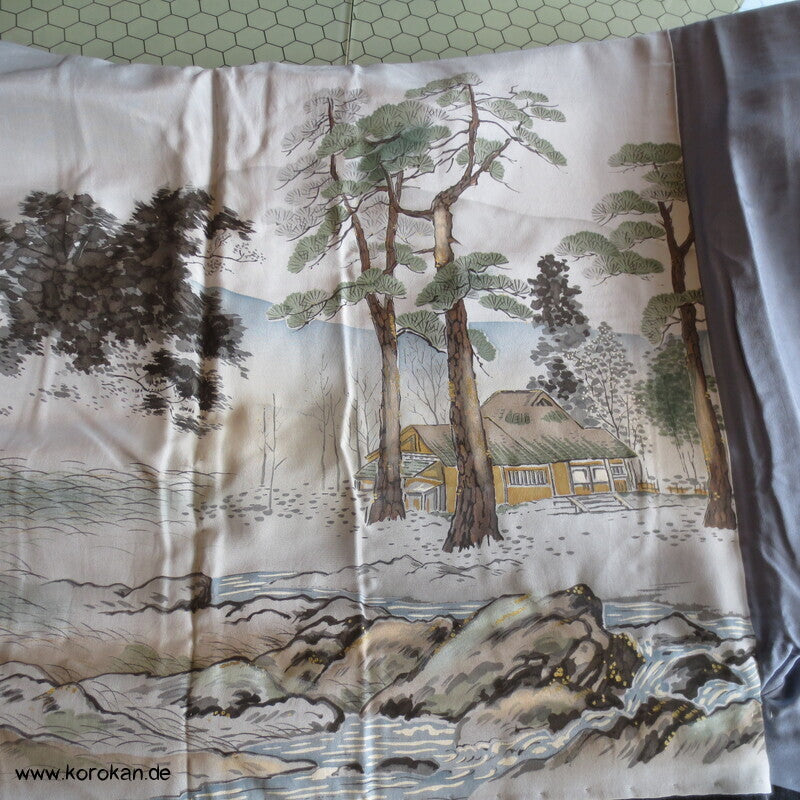 Haori Tsumugi Seide Kimono Jacke, handgemaltes Landschaftsfutter