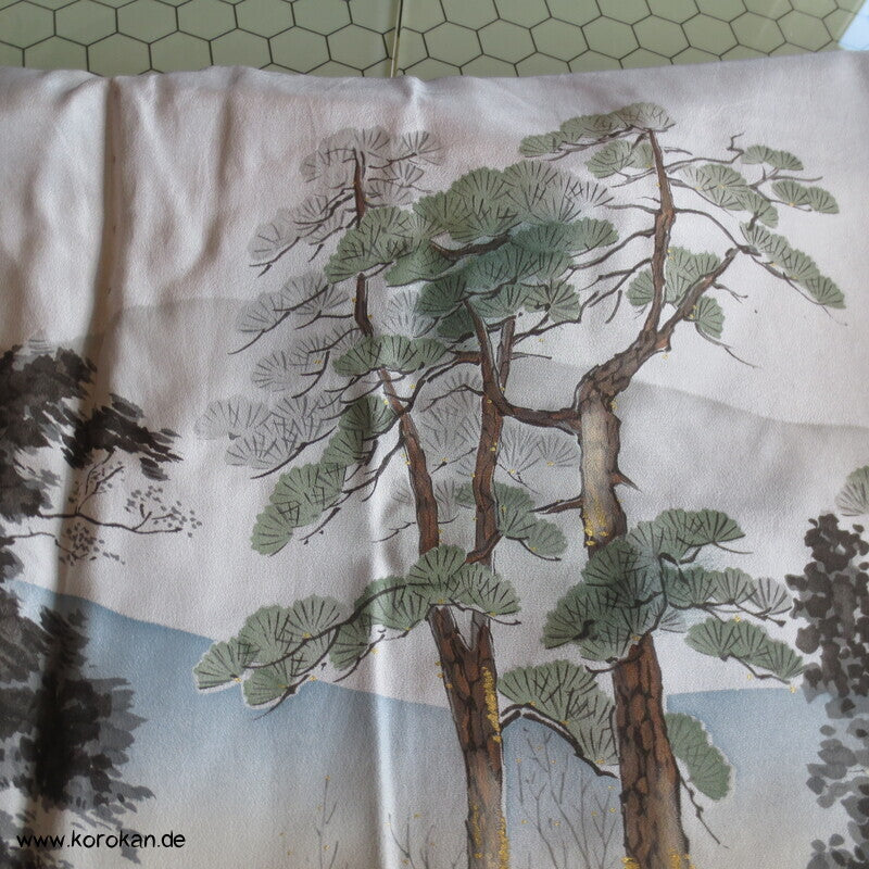 Haori Tsumugi Seide Kimono Jacke, handgemaltes Landschaftsfutter