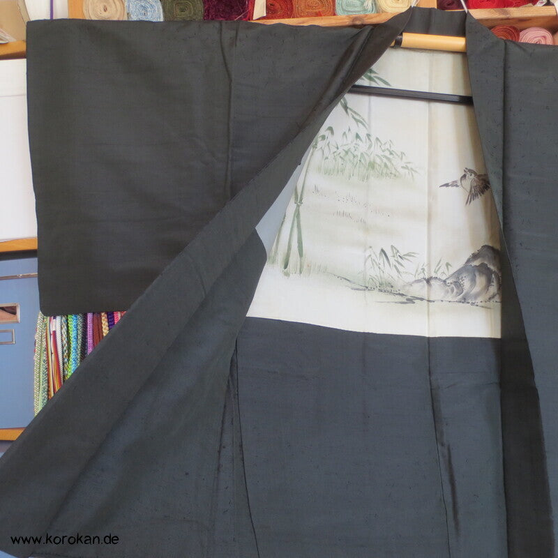 Spatz im Bambus gemaltes Futter, graue Tsumugi Seide Haori Kimono Jacke