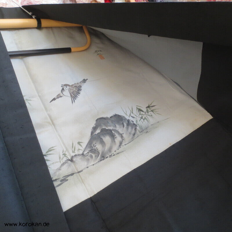 Spatz im Bambus gemaltes Futter, graue Tsumugi Seide Haori Kimono Jacke