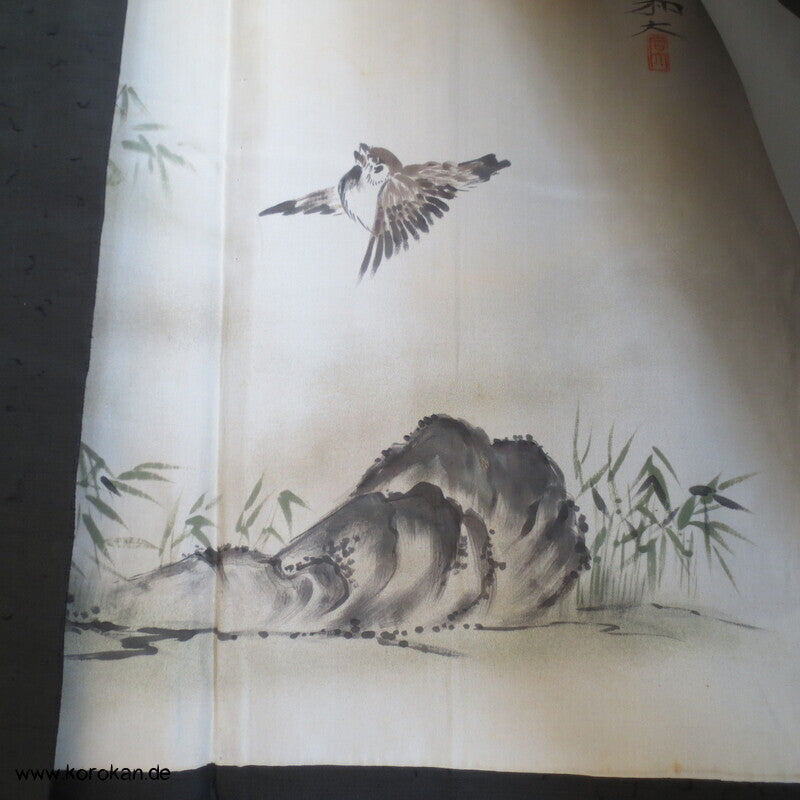 Spatz im Bambus gemaltes Futter, graue Tsumugi Seide Haori Kimono Jacke