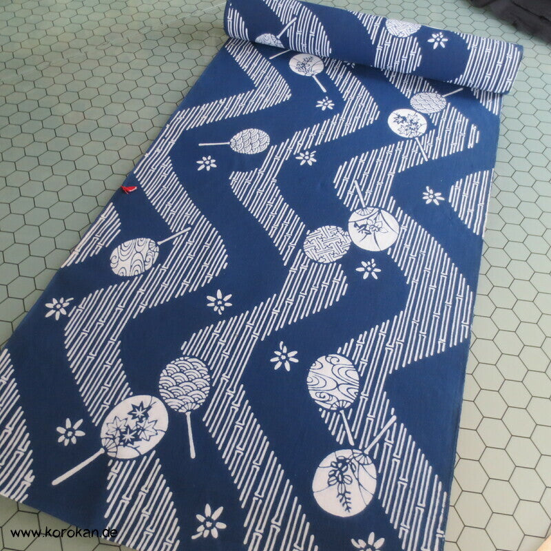 runde Fächer, Bambus Wellenstreifen japanischer Yukata Kimono Baumwoll Stoff