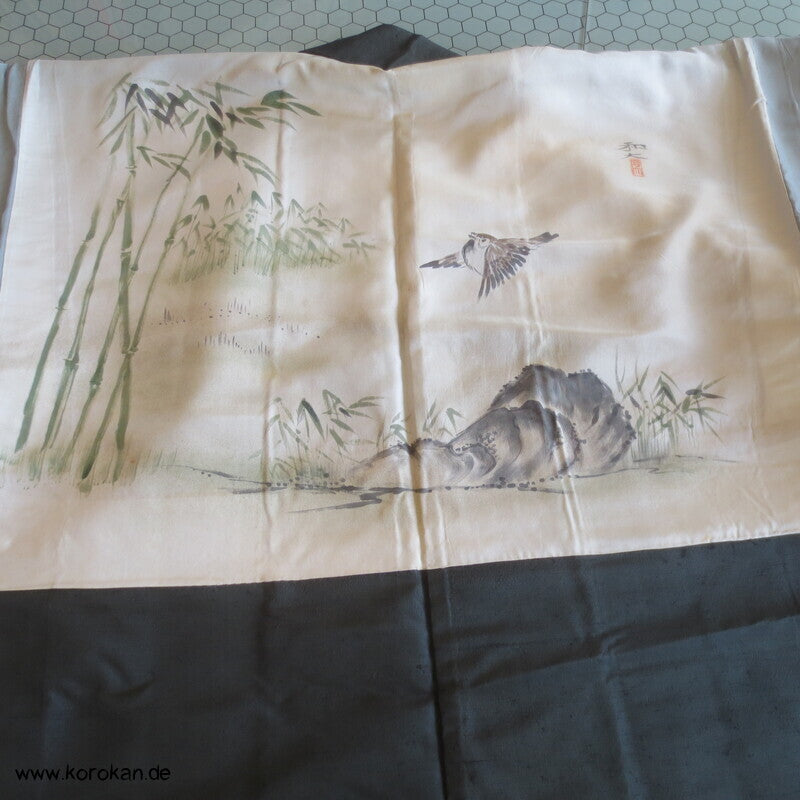 Spatz im Bambus gemaltes Futter, graue Tsumugi Seide Haori Kimono Jacke