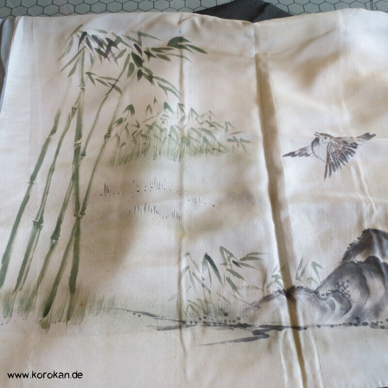 Spatz im Bambus gemaltes Futter, graue Tsumugi Seide Haori Kimono Jacke