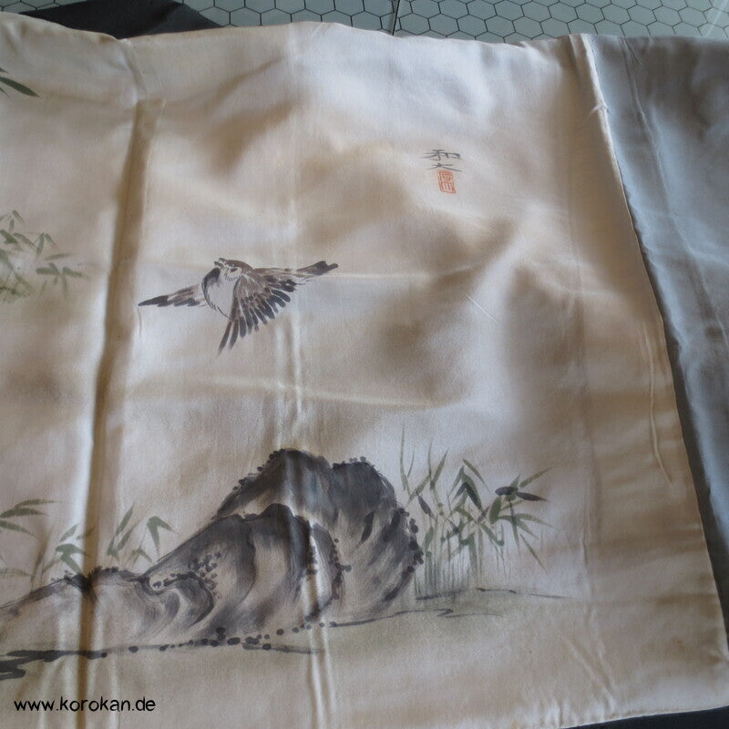 Spatz im Bambus gemaltes Futter, graue Tsumugi Seide Haori Kimono Jacke