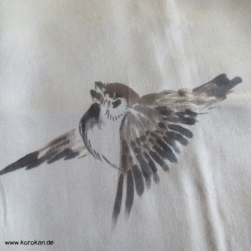 Spatz im Bambus gemaltes Futter, graue Tsumugi Seide Haori Kimono Jacke