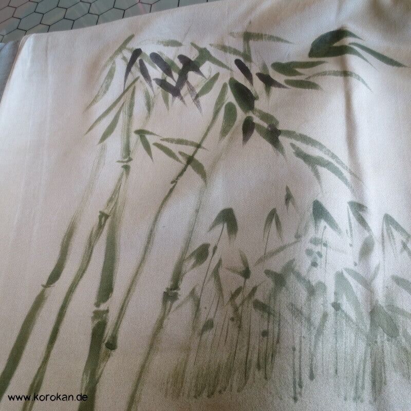 Spatz im Bambus gemaltes Futter, graue Tsumugi Seide Haori Kimono Jacke