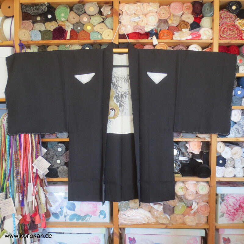 5 Mon schwarze Seidencrepe Haori Kimono Jacke, Spatzen in Kalebasse
