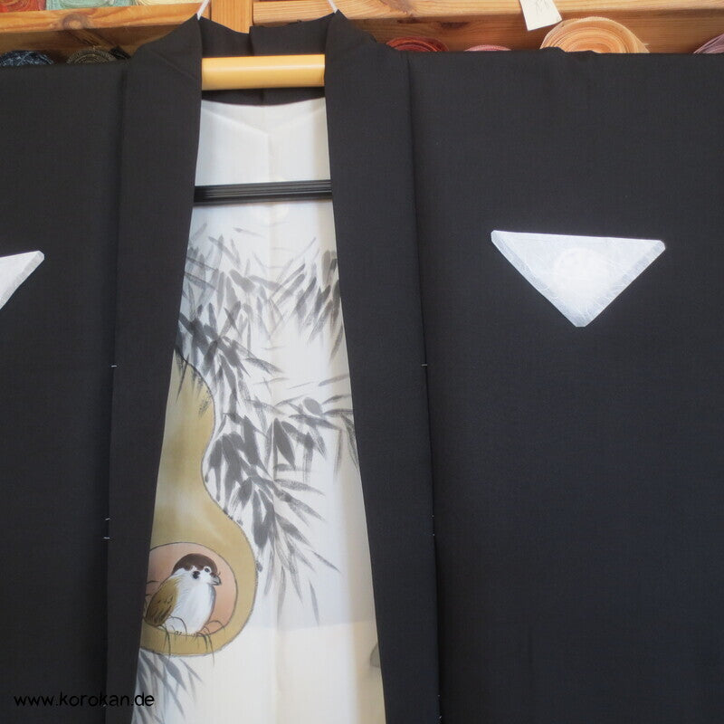 5 Mon schwarze Seidencrepe Haori Kimono Jacke, Spatzen in Kalebasse
