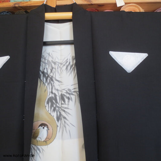 5 Mon schwarze Seidencrepe Haori Kimono Jacke, Spatzen in Kalebasse