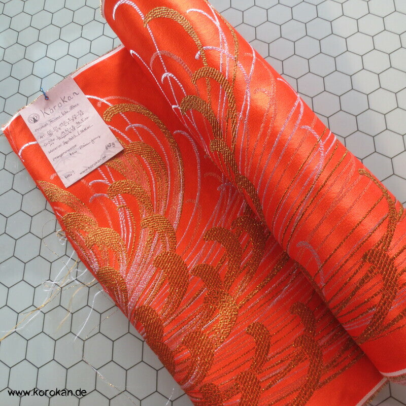 Lurex Chrysanthemen glitzernd auf orange Kimono / Obi Jacquard