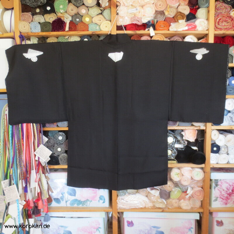 5 Mon schwarze Seidencrepe Haori Kimono Jacke, Spatzen in Kalebasse