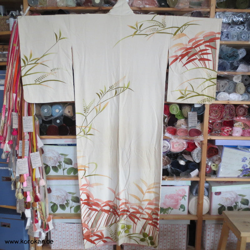 bunter Bambus auf hellem Seidencrepe Grund Homongi Kimono
