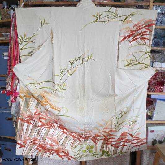 bunter Bambus auf hellem Seidencrepe Grund Homongi Kimono