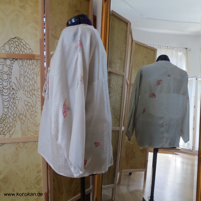 Kimono Seidendamast Bindeband Bluse mit kleinen Fächern über Kanoko Dots