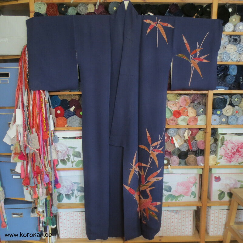 moderner japanischer Kranich und Bambus Seidencrepe Homongi Kimono