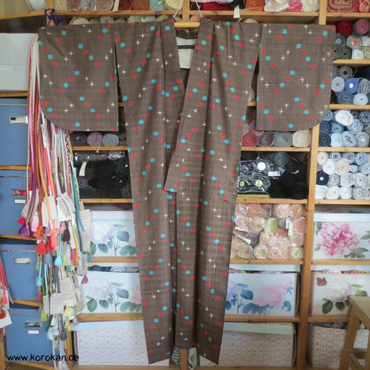 blassbraun mit roten und türkisen Rechtecken Kasuri Meisen Hitoe Kimono