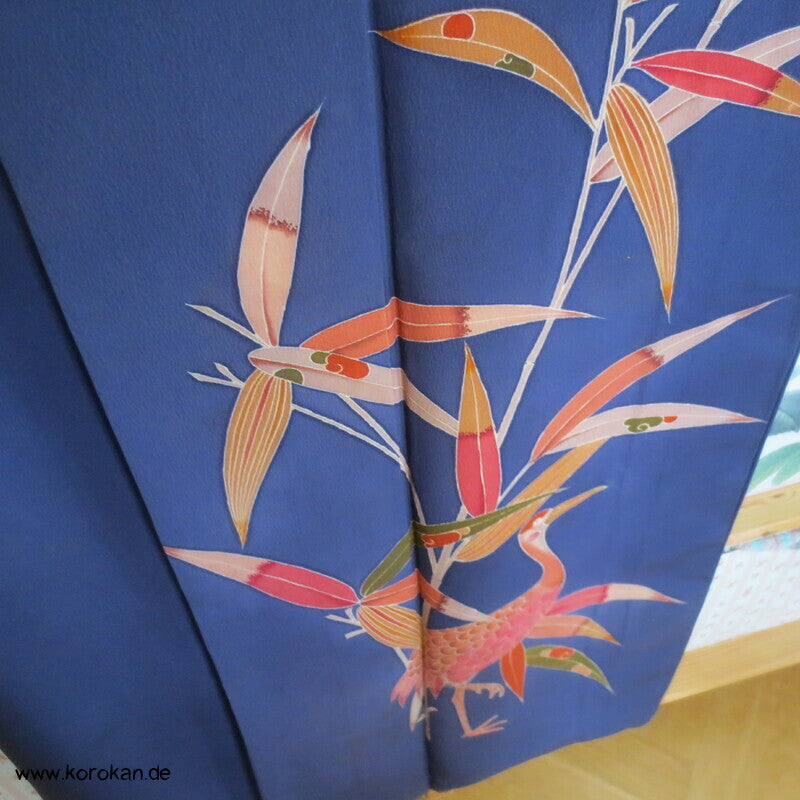 moderner japanischer Kranich und Bambus Seidencrepe Homongi Kimono