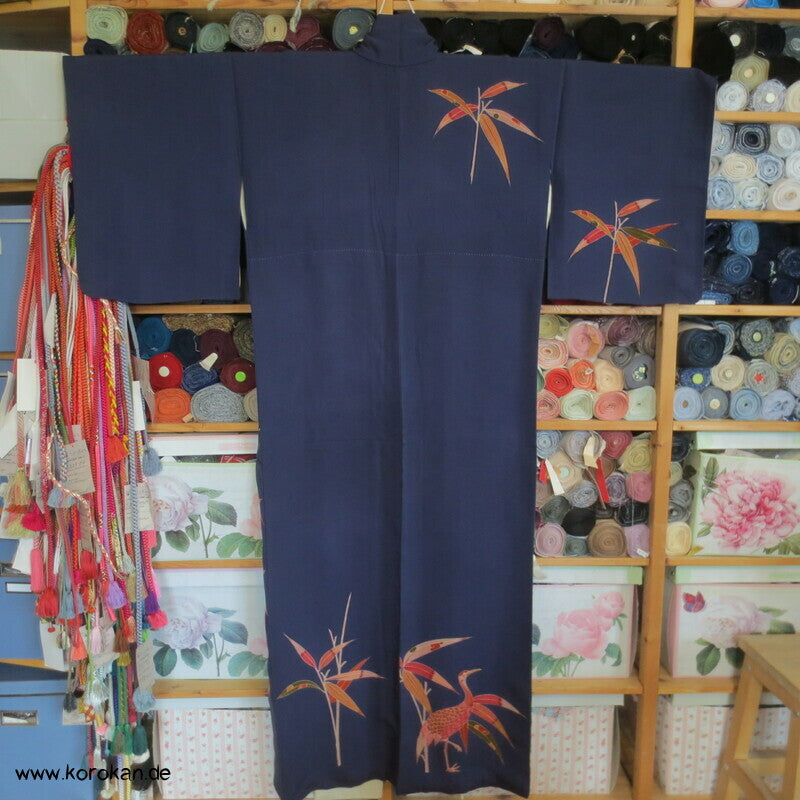 moderner japanischer Kranich und Bambus Seidencrepe Homongi Kimono