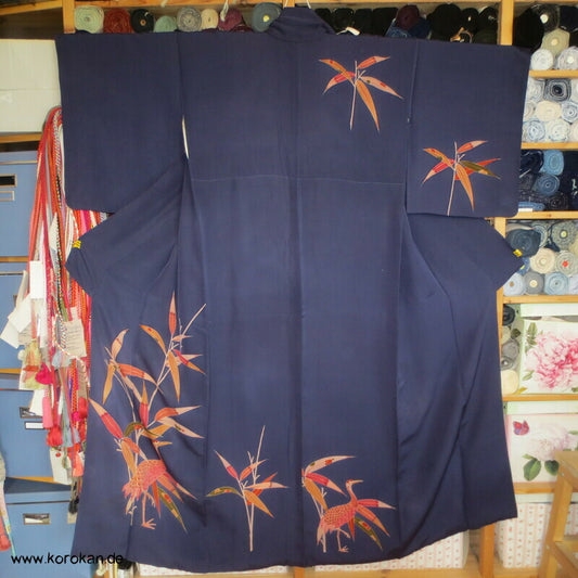 moderner japanischer Kranich und Bambus Seidencrepe Homongi Kimono