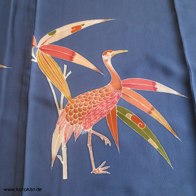 moderner japanischer Kranich und Bambus Seidencrepe Homongi Kimono