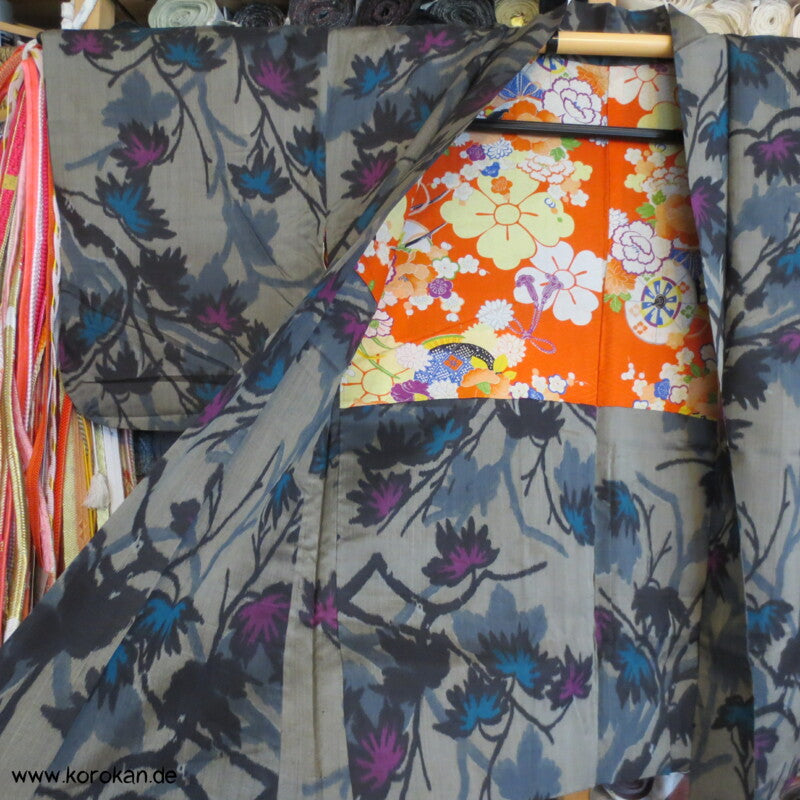 Japan Art Deco grau - violette Zweige Meisen Seiden Kimono Jacke