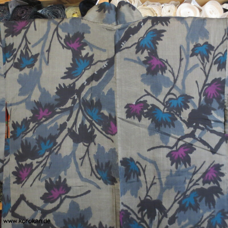 Japan Art Deco grau - violette Zweige Meisen Seiden Kimono Jacke