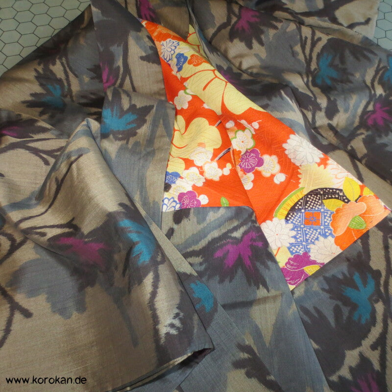 Japan Art Deco grau - violette Zweige Meisen Seiden Kimono Jacke