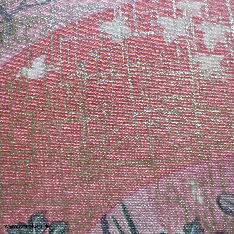 gold und silberne Überfangdruck Blumen und Fächer Kimono Seidencrepe