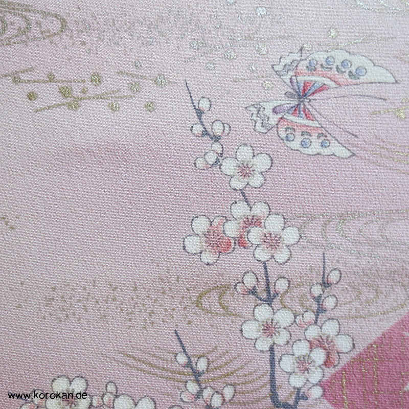 gold und silberne Überfangdruck Blumen und Fächer Kimono Seidencrepe