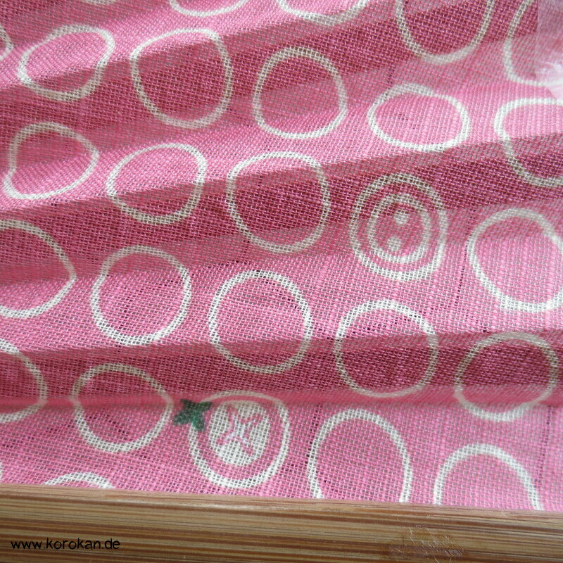 Jigami Klappfächer, Stoff auf Bambusstreben, Kreise auf rosa