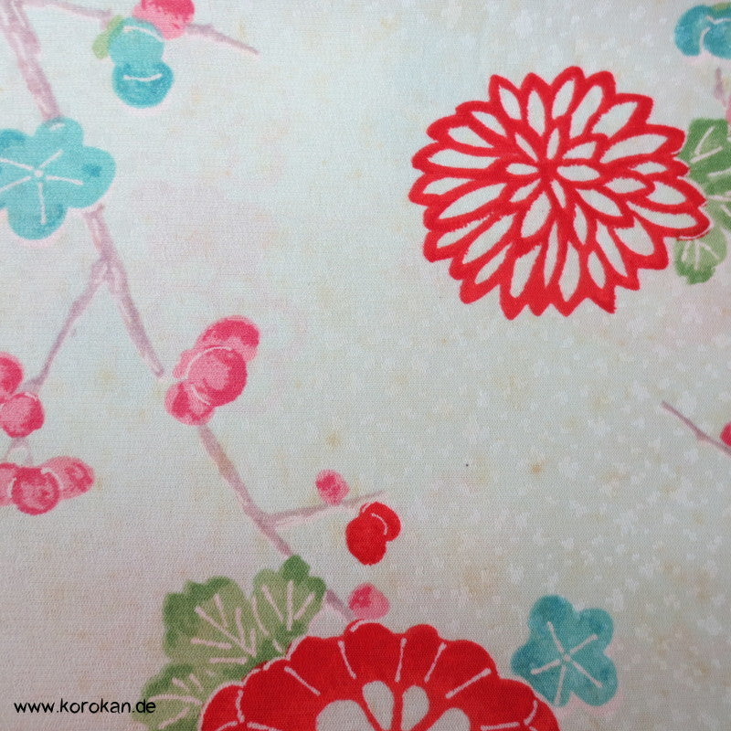 Japan Schmetterlinge, Blüten auf hellblau Kimono Stoff, Acetat