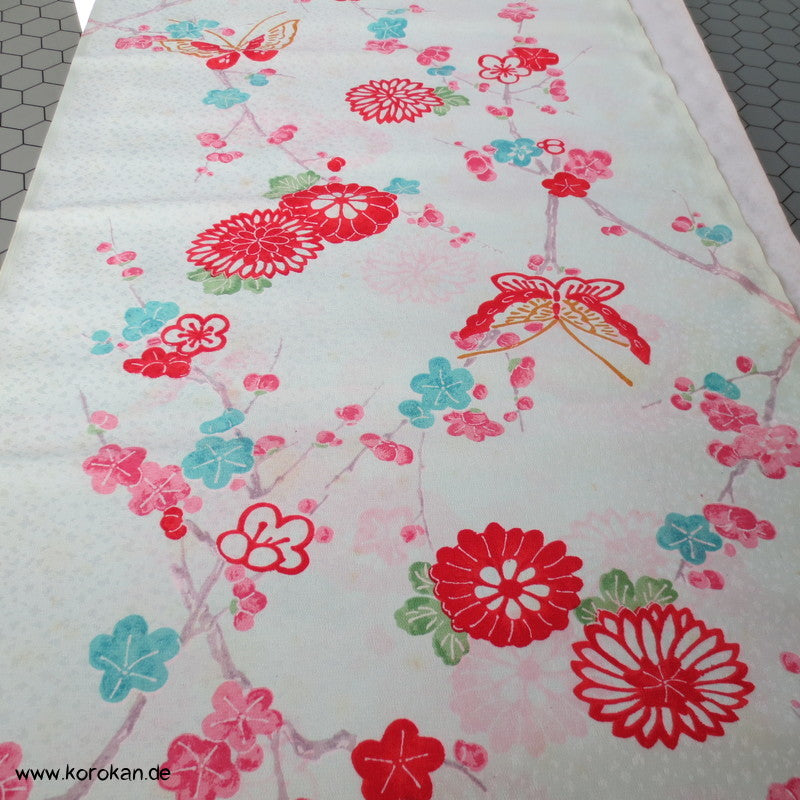 Japan Schmetterlinge, Blüten auf hellblau Kimono Stoff, Acetat